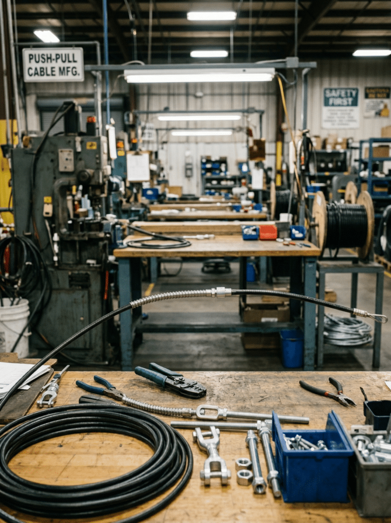 California Push-Pull. An industrial workshop bench featuring specialized tools, a large coil of black wire, and metal components, highlighting professional Custom Cable Solutions.